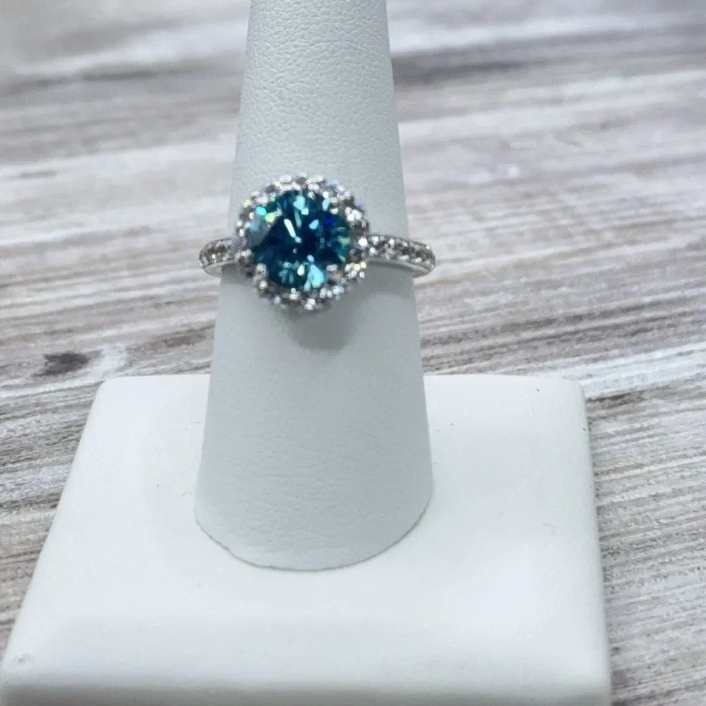 Sterling Silver Ring Sky Blue CZ Faceted Solitaire Halo Clear CZ Size 7.75 Prong - Picture 8 of 14